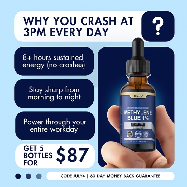 A square ad creative focusing on an afternoon energy crash, presenting a Methylene Blue dropper bottle as the immediate solution for sustained focus.